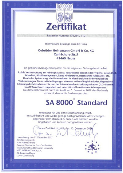 Zertifikat SA 8000 Standard